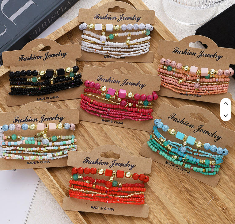 KISSWIFE 8Pcs/Set Cute Colourful Rice Beads Ajustable Bracelet Set for Women Girls Jewelry