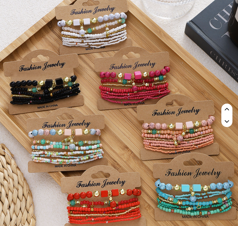 KISSWIFE 8Pcs/Set Cute Colourful Rice Beads Ajustable Bracelet Set for Women Girls Jewelry